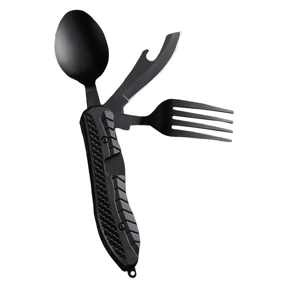 Three-In-One Multi-Tool Camping Folding Knife Comfortable Grip Hook Design Stainless Steel Folding Spoon Fork Knife Bottle Opene