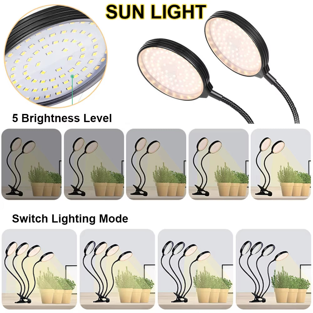 1/2/3/4Heads LED Plant Grow Lights Dimmable Full Spectrum Phyto Lamp with Clip Auto On/Off Timer Indoor Flower Veg Growing Light