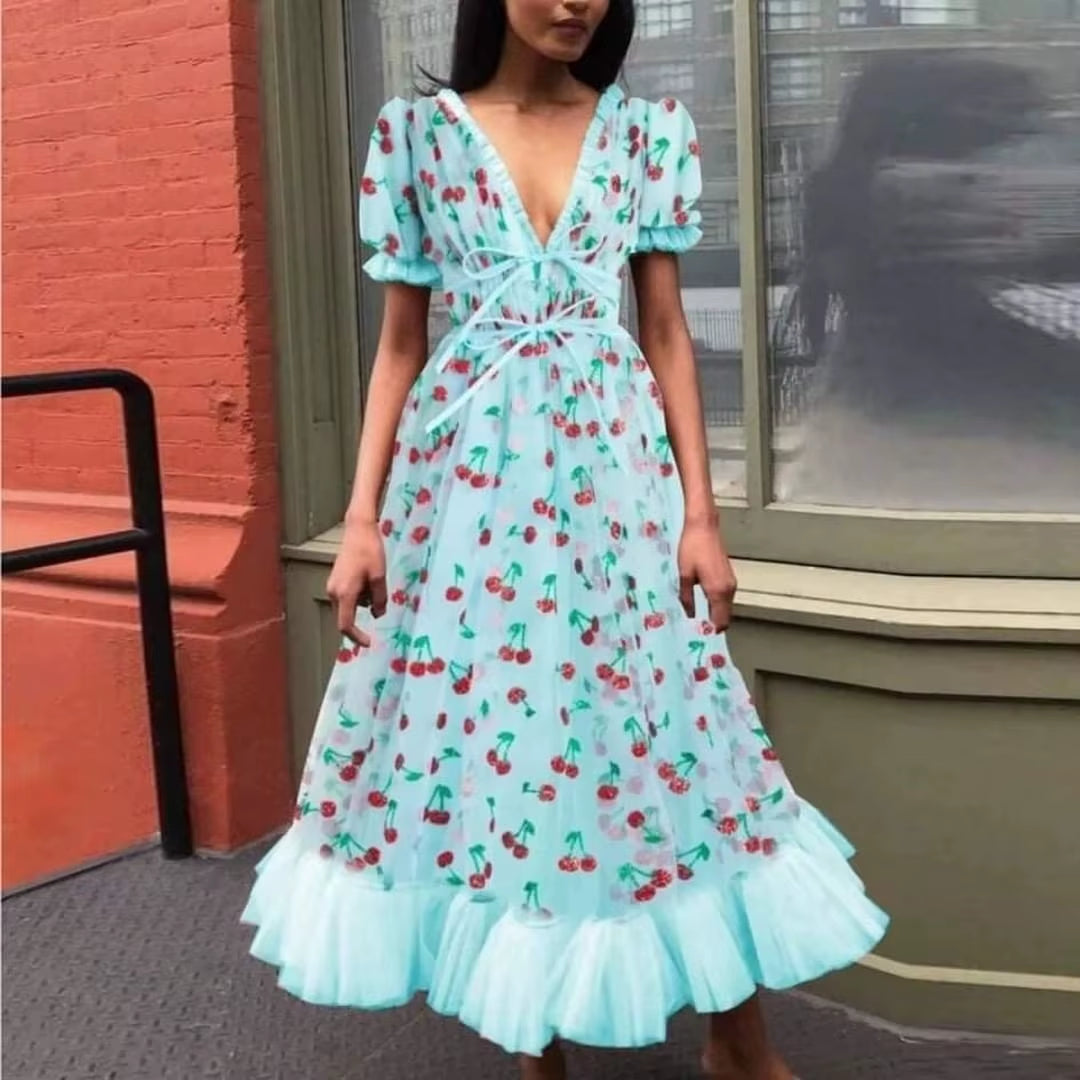 Women Strawberry Ruffles Tulle Dress Pink Puff Sleeves Sexy V Neck Mid-Calf Sweet Cocktail Party Dress