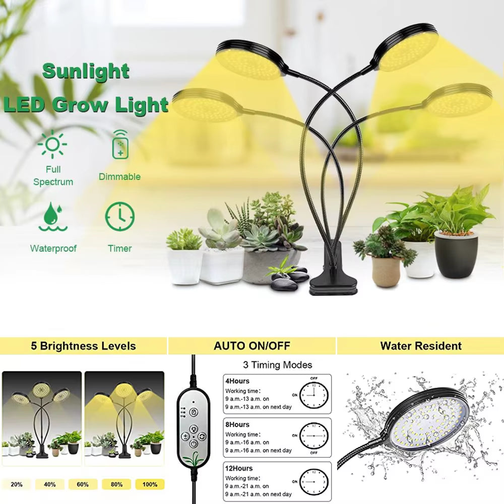 1/2/3/4Heads LED Plant Grow Lights Dimmable Full Spectrum Phyto Lamp with Clip Auto On/Off Timer Indoor Flower Veg Growing Light