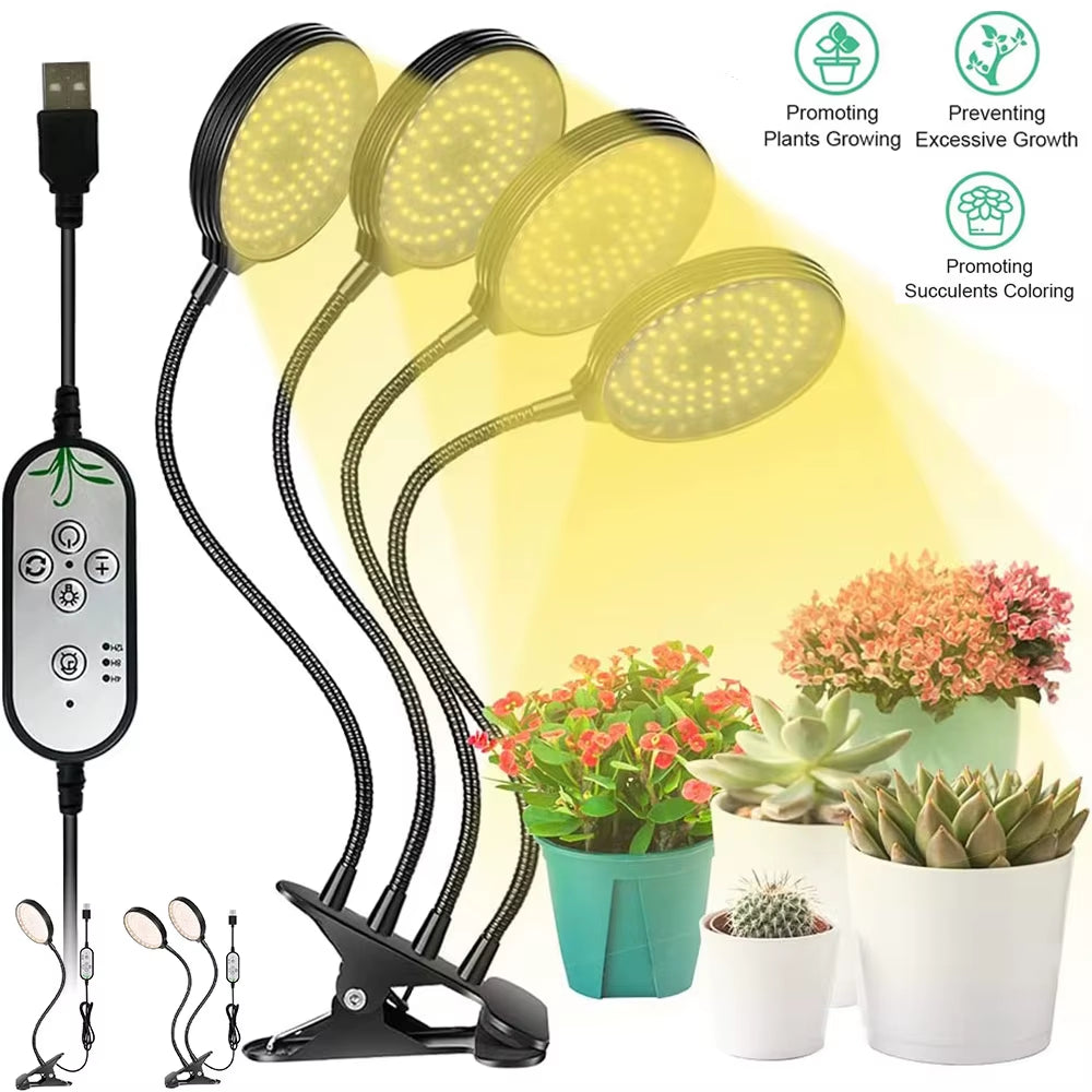 1/2/3/4Heads LED Plant Grow Lights Dimmable Full Spectrum Phyto Lamp with Clip Auto On/Off Timer Indoor Flower Veg Growing Light