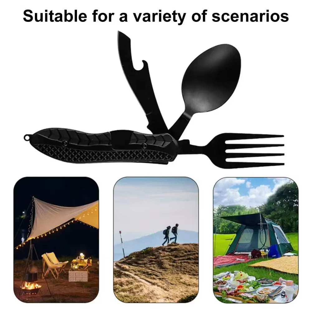 Three-In-One Multi-Tool Camping Folding Knife Comfortable Grip Hook Design Stainless Steel Folding Spoon Fork Knife Bottle Opene