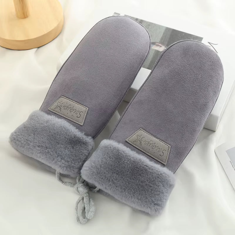 Winter Women Keep Warm Thickened Fleece Suede Halter Gloves Cute Lovely Sweety Cold Protection Mittens