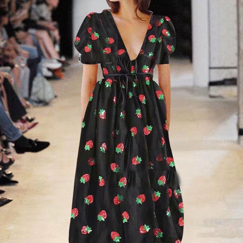 Women Strawberry Ruffles Tulle Dress Pink Puff Sleeves Sexy V Neck Mid-Calf Sweet Cocktail Party Dress