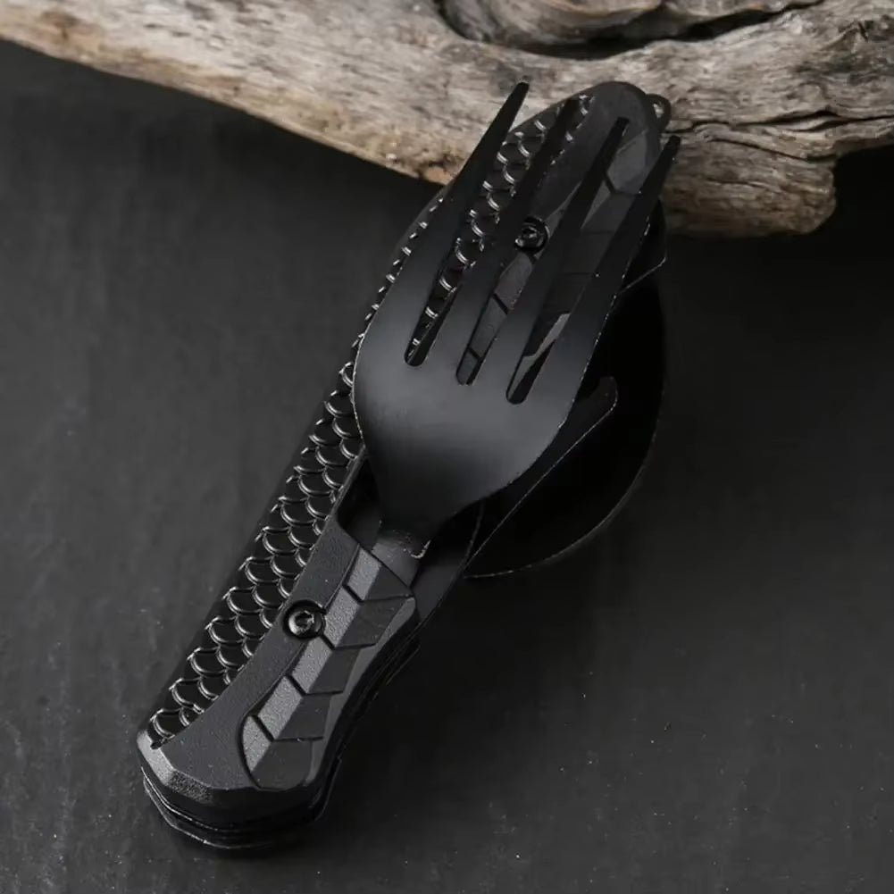 Three-In-One Multi-Tool Camping Folding Knife Comfortable Grip Hook Design Stainless Steel Folding Spoon Fork Knife Bottle Opene