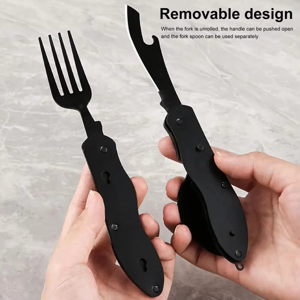 Three-In-One Multi-Tool Camping Folding Knife Comfortable Grip Hook Design Stainless Steel Folding Spoon Fork Knife Bottle Opene