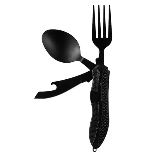 Three-In-One Multi-Tool Camping Folding Knife Comfortable Grip Hook Design Stainless Steel Folding Spoon Fork Knife Bottle Opene