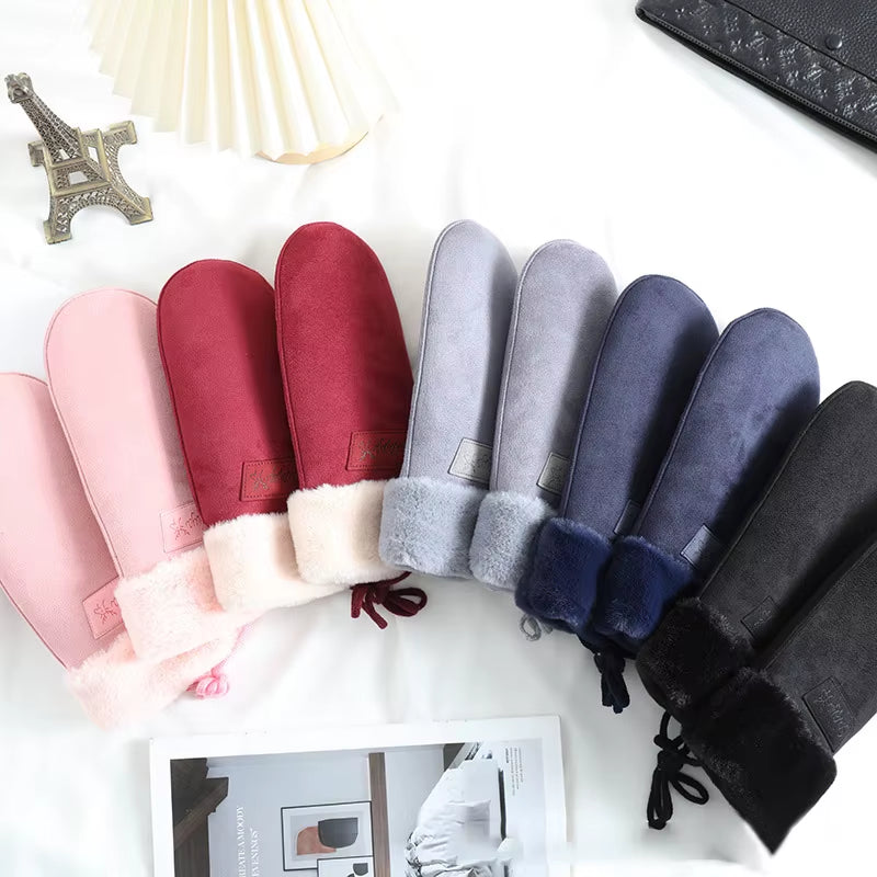 Winter Women Keep Warm Thickened Fleece Suede Halter Gloves Cute Lovely Sweety Cold Protection Mittens
