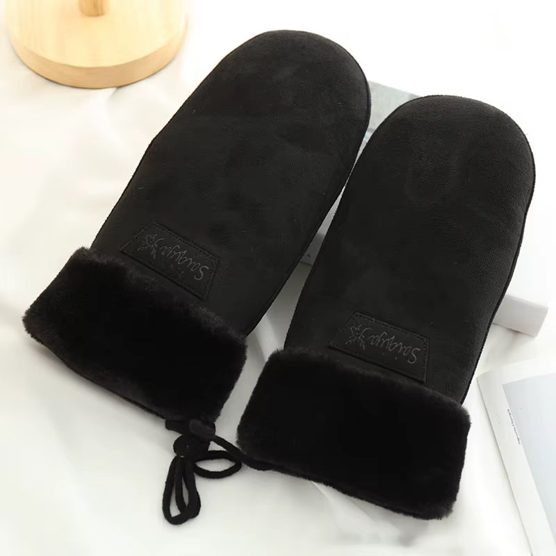 Winter Women Keep Warm Thickened Fleece Suede Halter Gloves Cute Lovely Sweety Cold Protection Mittens