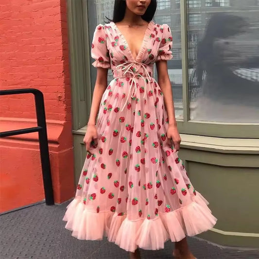 Women Strawberry Ruffles Tulle Dress Pink Puff Sleeves Sexy V Neck Mid-Calf Sweet Cocktail Party Dress