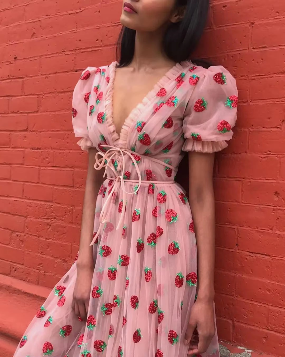 Women Strawberry Ruffles Tulle Dress Pink Puff Sleeves Sexy V Neck Mid-Calf Sweet Cocktail Party Dress