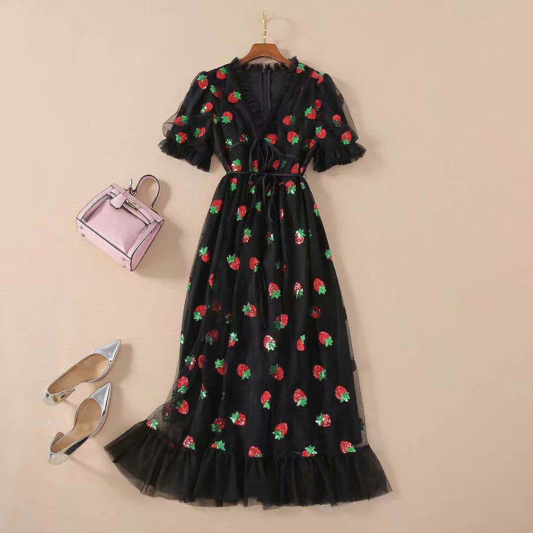 Women Strawberry Ruffles Tulle Dress Pink Puff Sleeves Sexy V Neck Mid-Calf Sweet Cocktail Party Dress