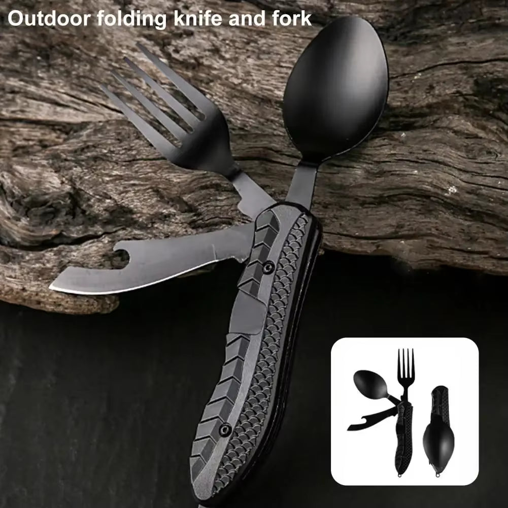 Three-In-One Multi-Tool Camping Folding Knife Comfortable Grip Hook Design Stainless Steel Folding Spoon Fork Knife Bottle Opene