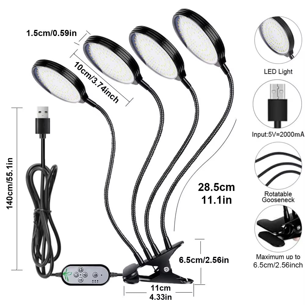 1/2/3/4Heads LED Plant Grow Lights Dimmable Full Spectrum Phyto Lamp with Clip Auto On/Off Timer Indoor Flower Veg Growing Light